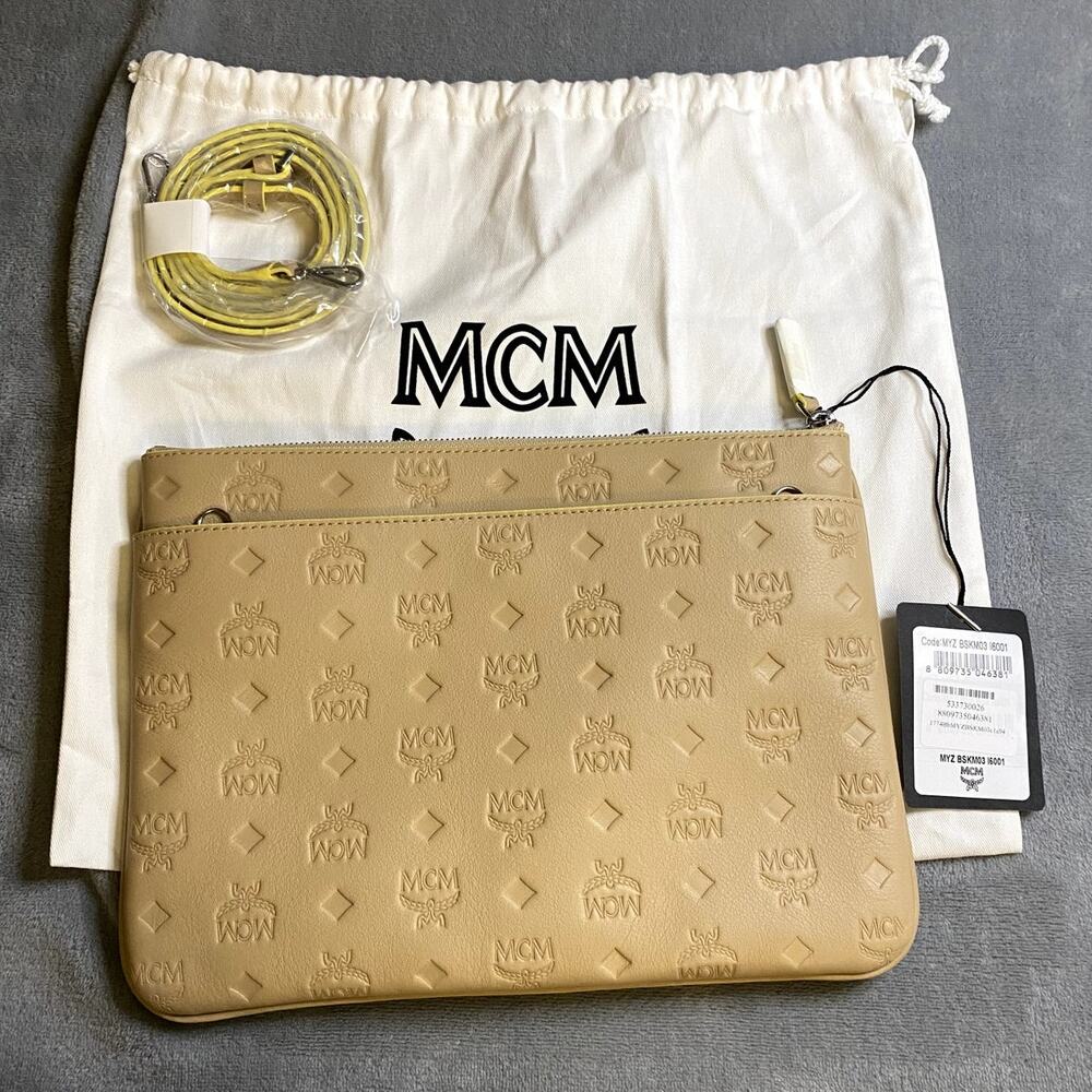 MCM Aren Crossbody Pouch Monogram Leather Beige NWT Dust Bag Strap